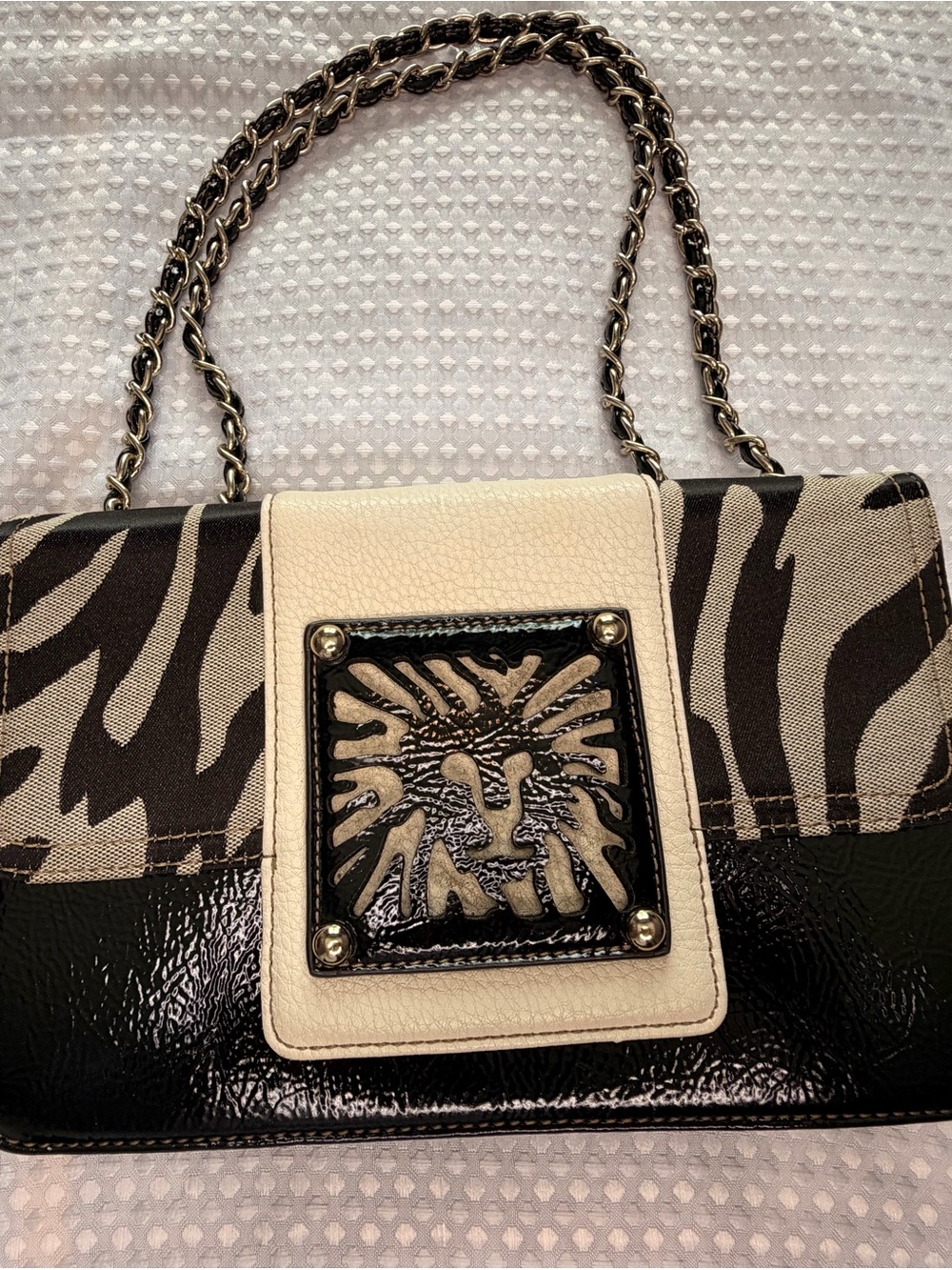 Anne Klein Black and Cream Zebra-Accent Chain Shoulder Bag